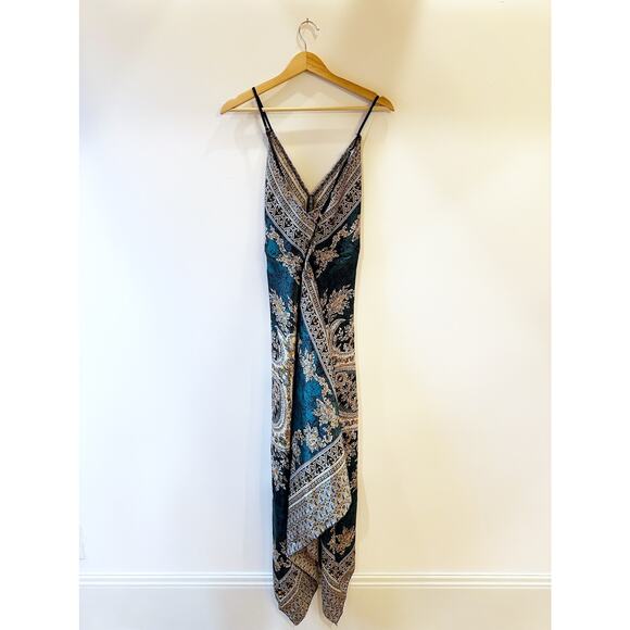 Thai Silk Green V-Cut Asymmetrical Hem Back Cross Strap Paisley Print Dress - Picture 4 of 12